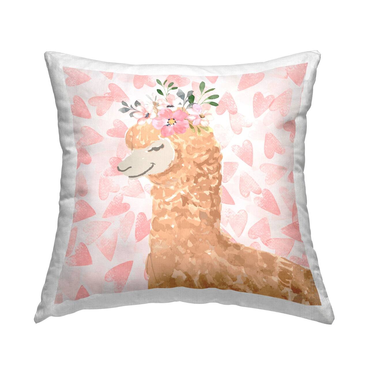 Stupell Industries Fluffy Floral Alpaca Cute Pink Heart Pattern Throw Pillow, 18" x 18"